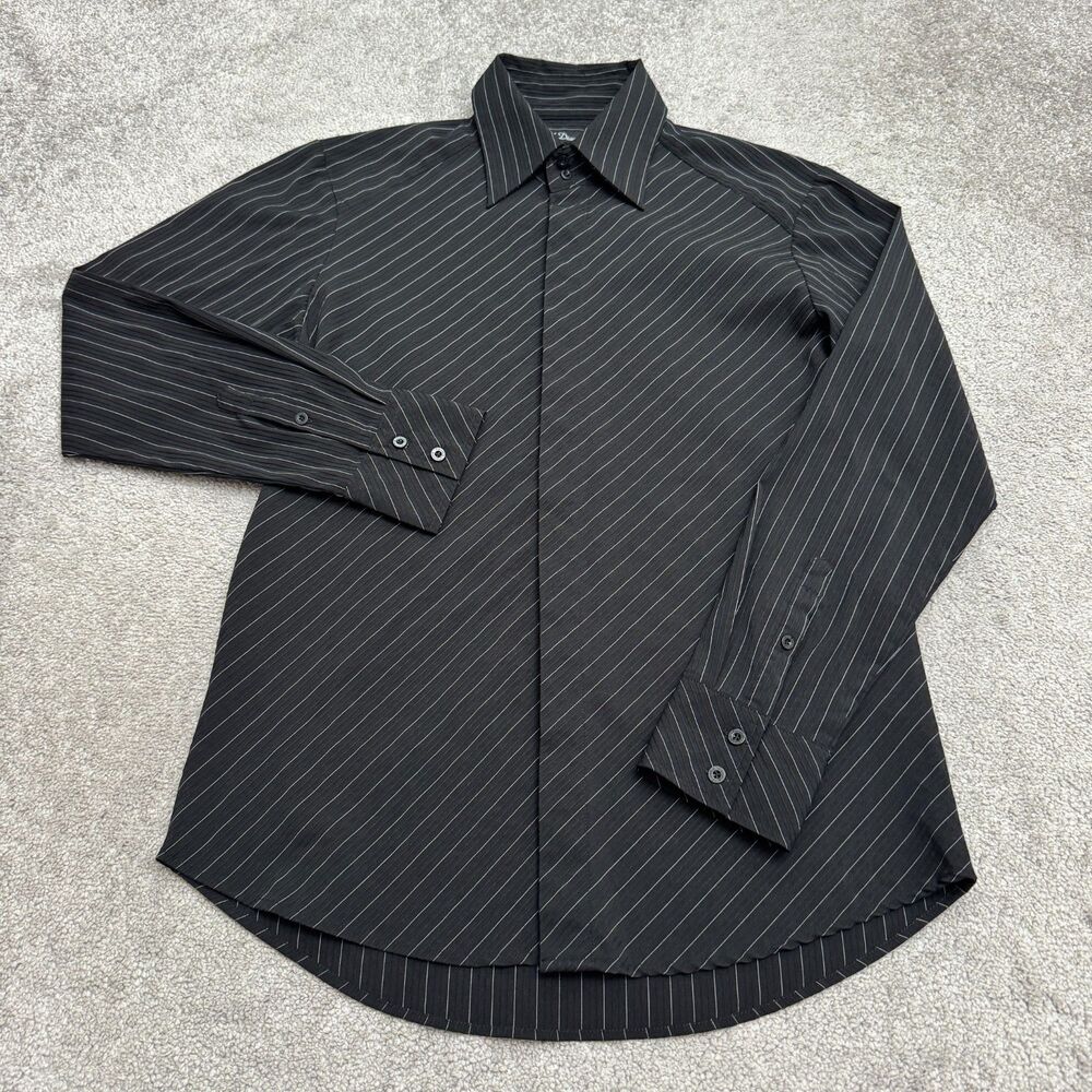 7 Diamonds Button Up Shirt Mens M Black Pinstripe Textured Stretch Long Sleeve